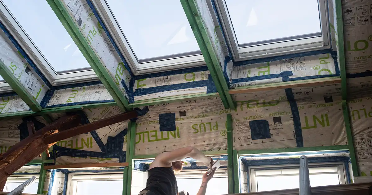 homme sur une echelle qui est en train d'isoler, avec de la ouate de cellulose, le toit d'une maison moderne